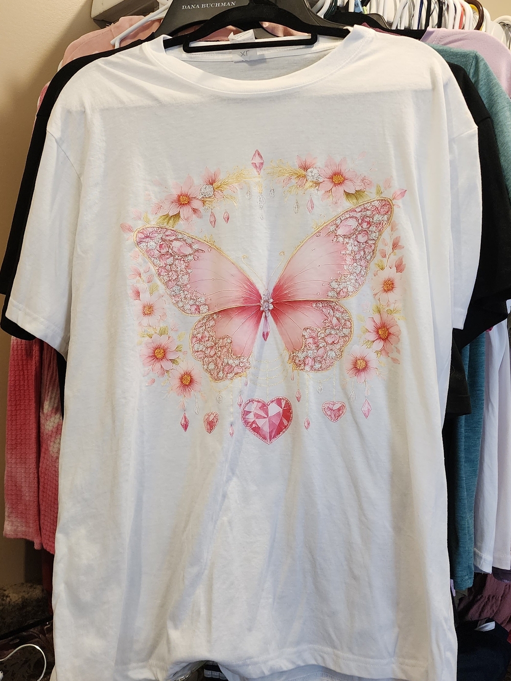 Kids White T-Shirt with Pink Butterfly & Floral Graphic